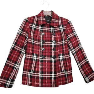 Wool Plaid Pea Coat Red Black | Size S